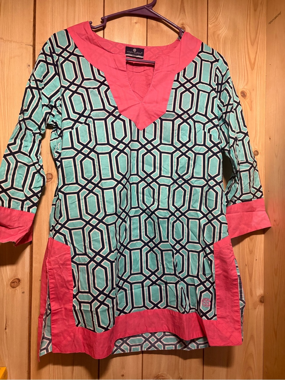 Simply Southern Aqua and Coral Geometric Tunic